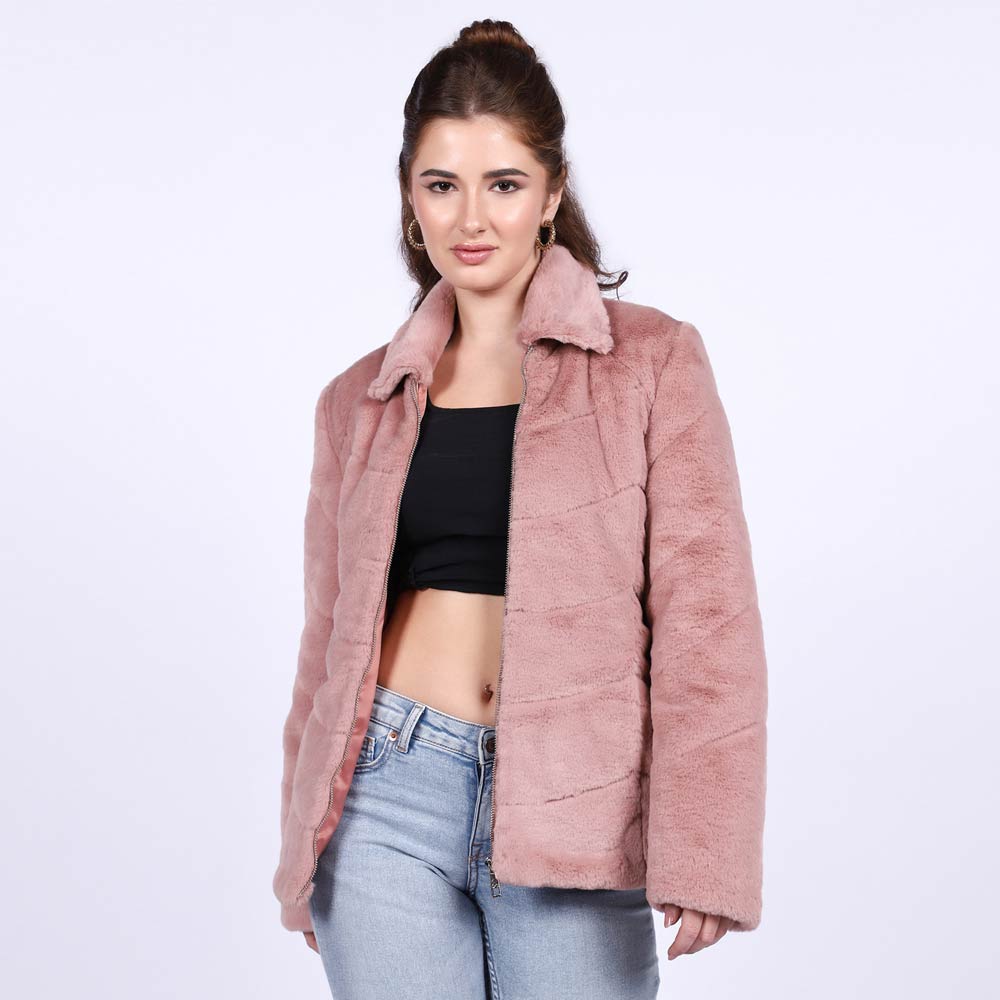 Women's dusty rose fur jacket UK by Saint Fernanda, front view with point collar