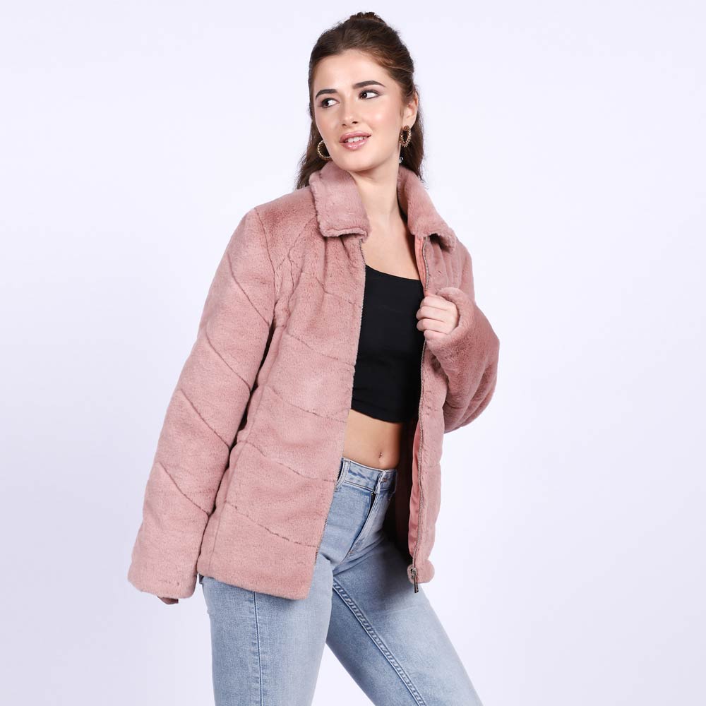 Saint Fernanda dusty rose fur jacket for women UK, styled walking lifestyle shot