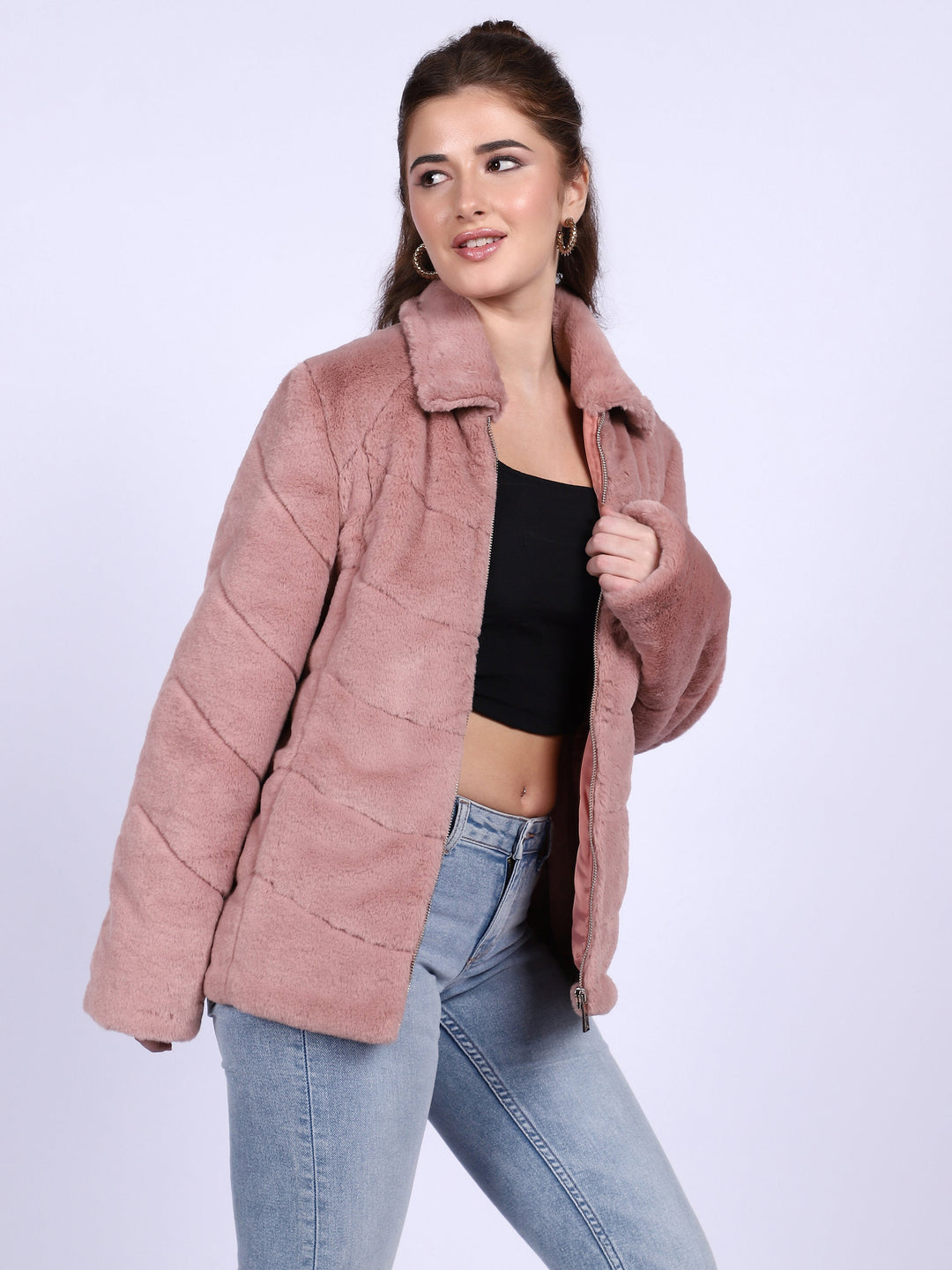 Dusty rose fur jacket for women UK, second styled lifestyle shot