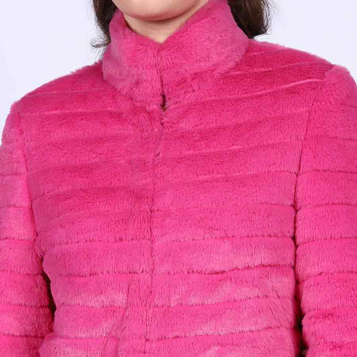 Close-up of stand collar on Saint Fernanda pink fur jacket UK