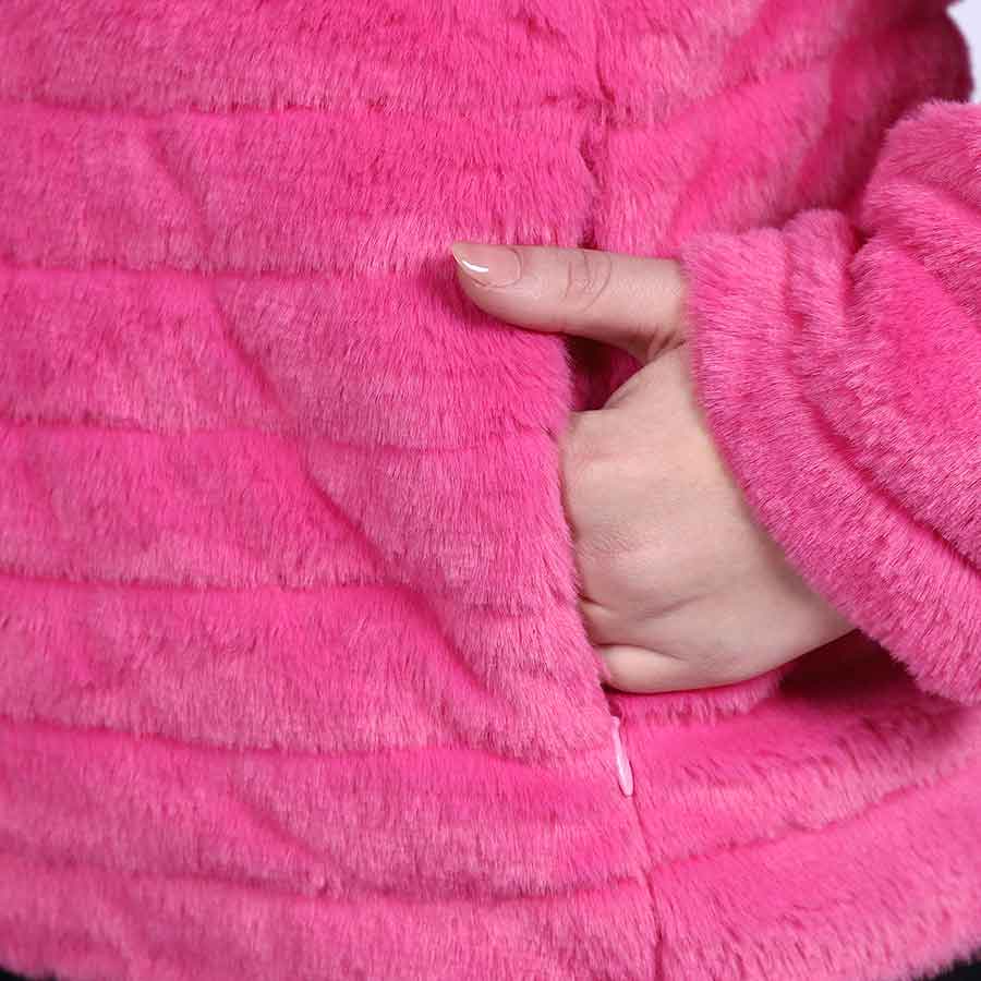 Close-up of pocket detail on Saint Fernanda pink fur jacket UK