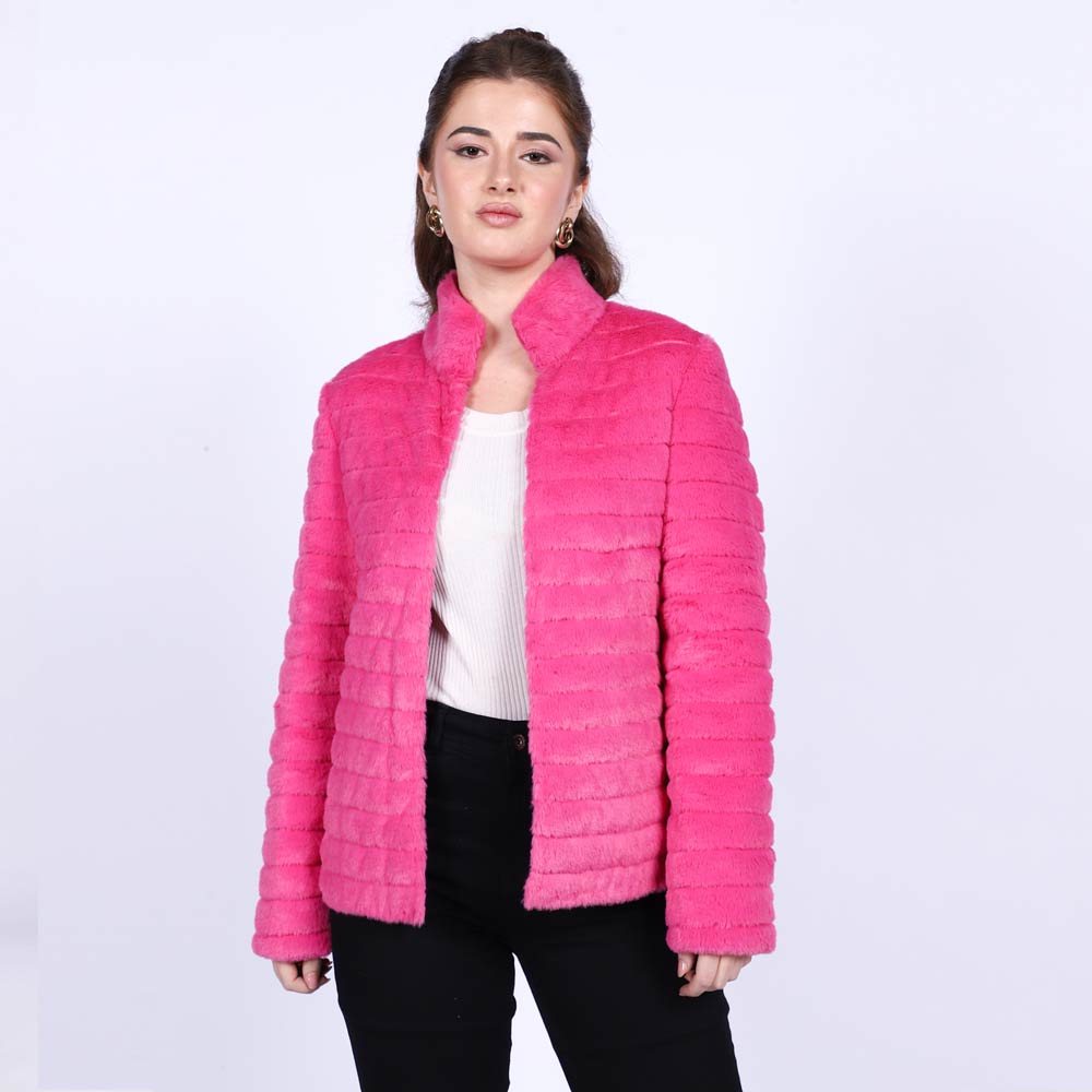 Saint Fernanda pink fur jacket for women UK, front view with stand collar