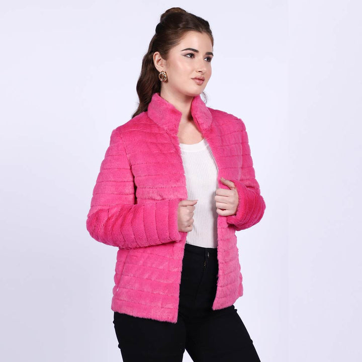 Women's pink fur jacket UK by Saint Fernanda, side view showing full sleeves