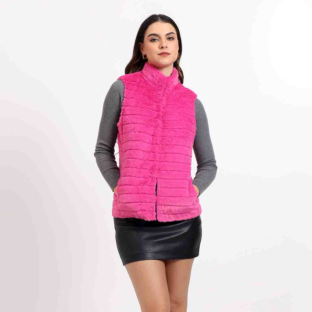 Saint Fernanda pink fur sleeveless vest for women UK, front view