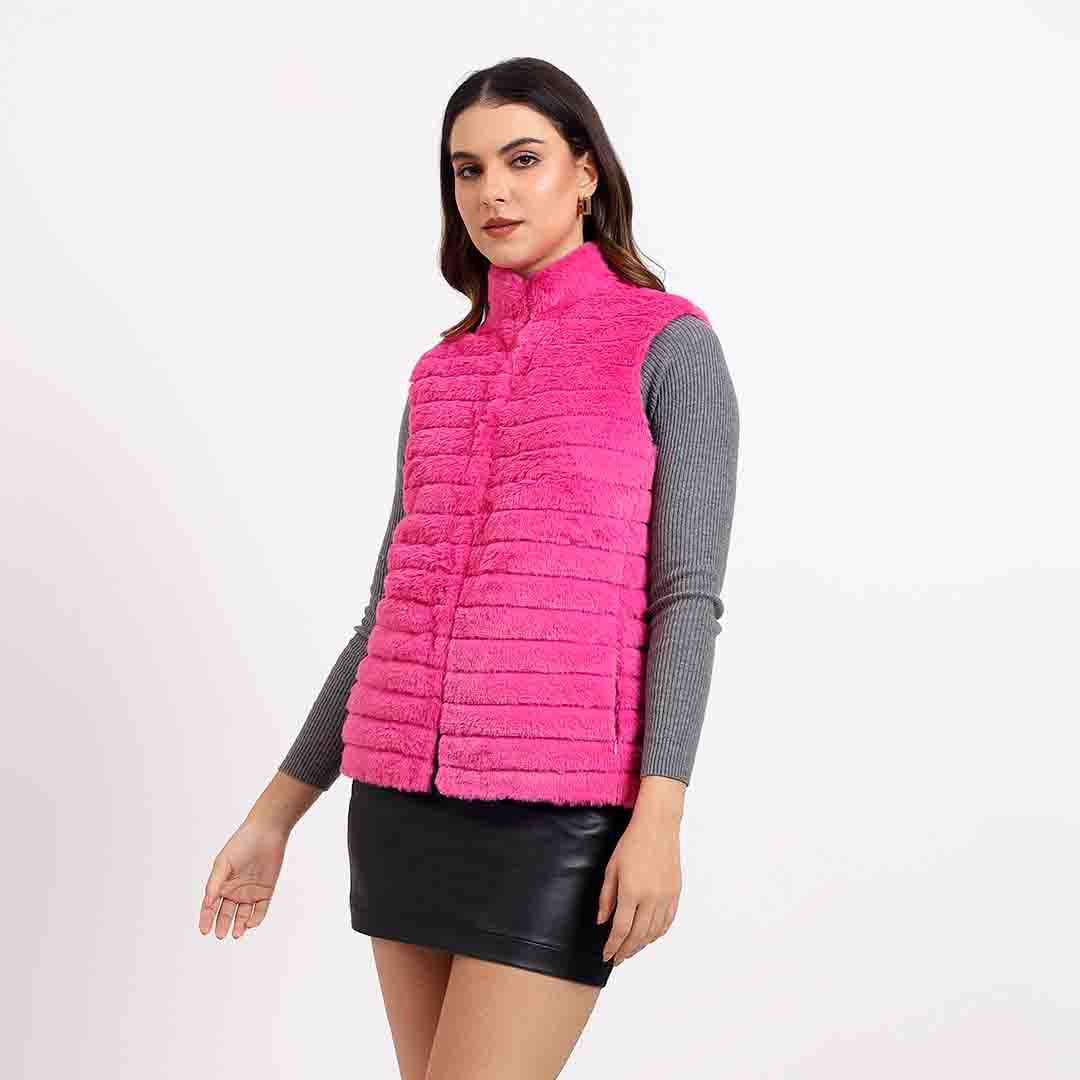 Pink fur sleeveless vest for women UK, side view showing ribbed texture