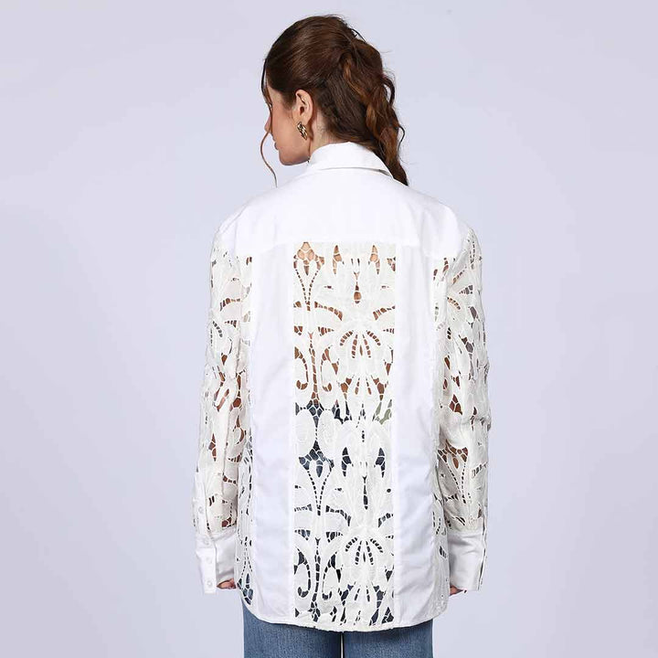 Women's white cutwork cotton shirt by Saint Fiora, back view showing lace panel.