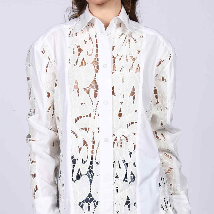 Close-up of floral cutwork lace panel on Saint Fiora white cotton shirt for women UK.