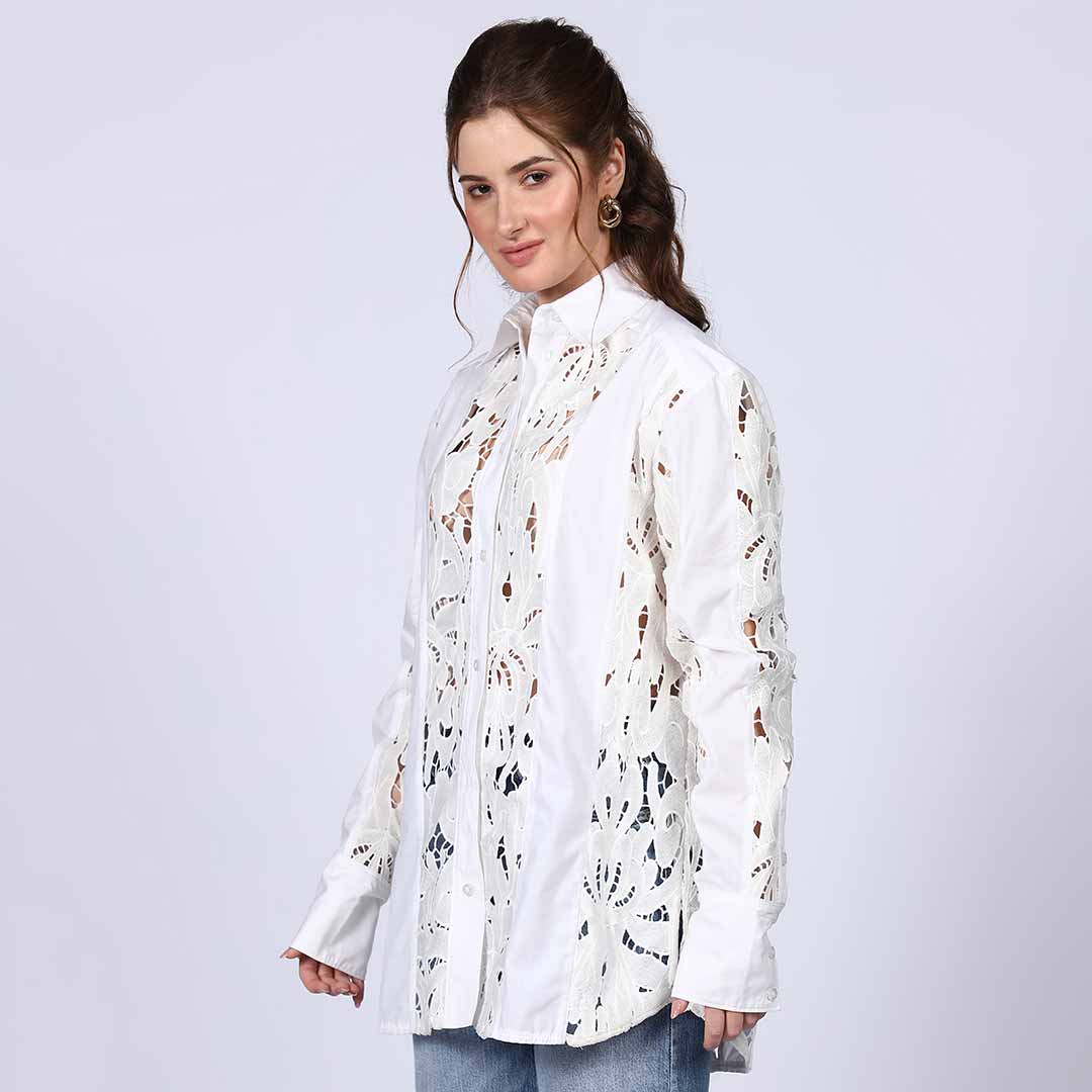 Saint Fiora white cutwork cotton shirt for women UK, full front view.
