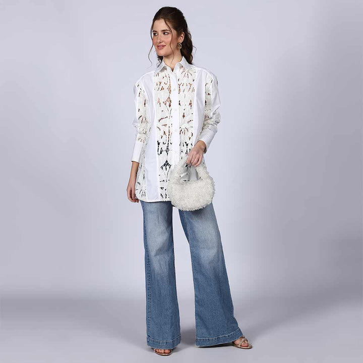 Saint Fiora white cutwork cotton shirt for women UK, front view with floral cutwork placket.