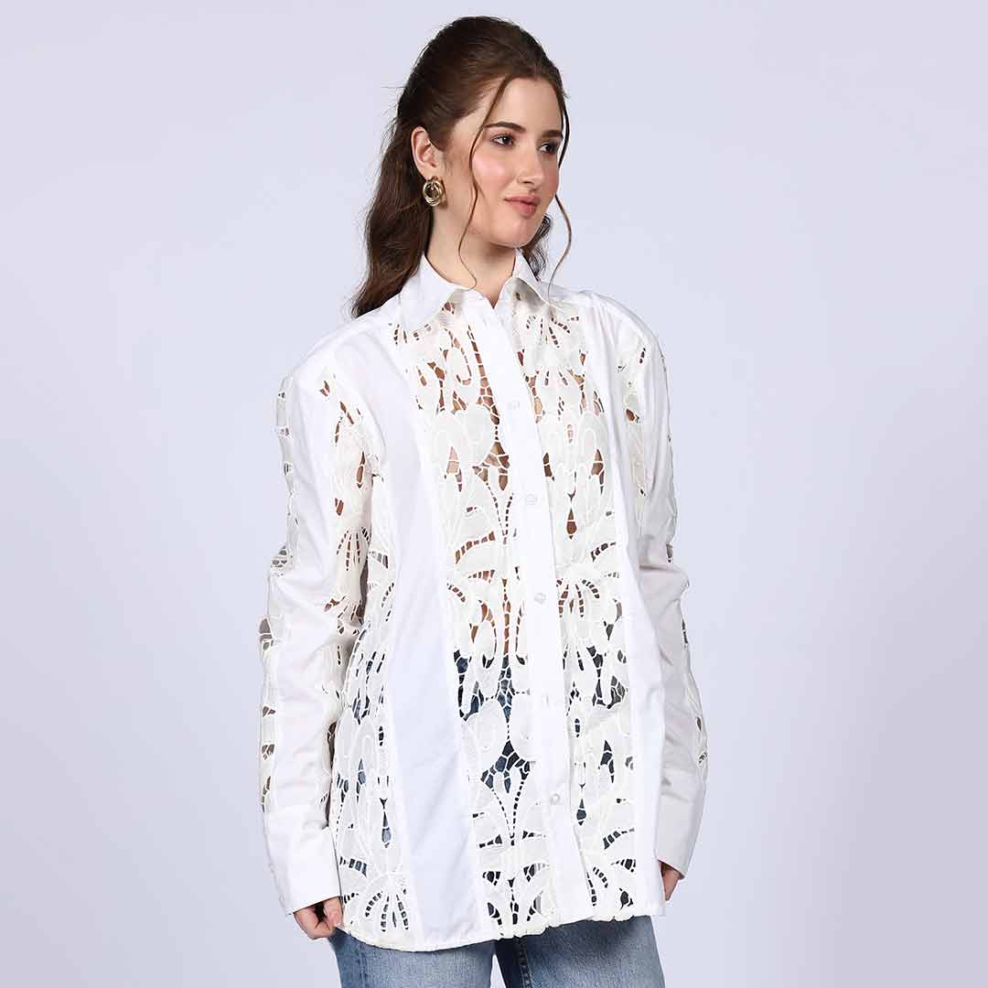 Saint Fiora white cutwork cotton shirt for women UK, side view.