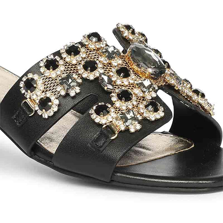Close-up of stone embroidery on Saint Fiorenza black leather low block heel mules