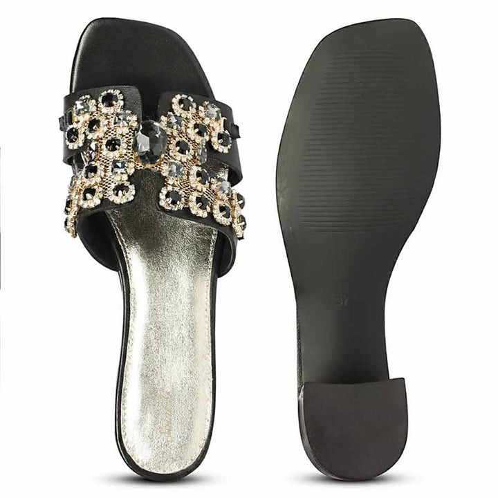Saint Fiorenza black leather low block heel sandals, top-down view