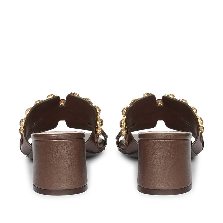 Saint Fiorenza brown leather low block heel mules, back heel view