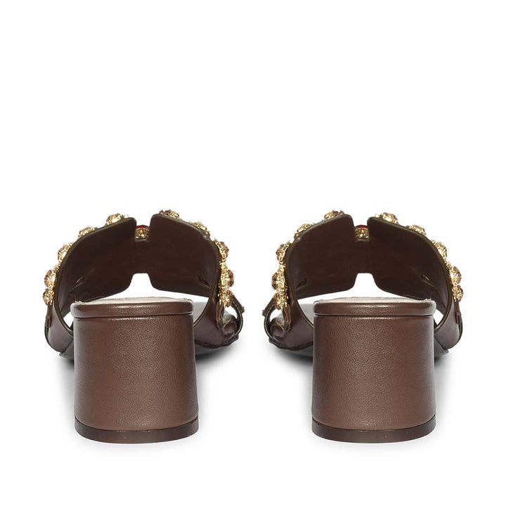 Saint Fiorenza brown leather low block heel mules, back heel view