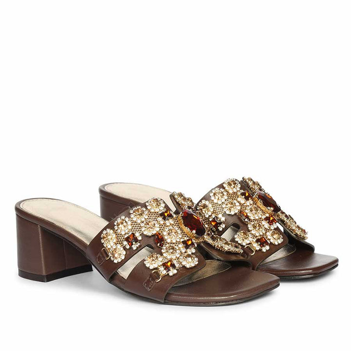 Saint Fiorenza brown leather low block heel mules, pair view