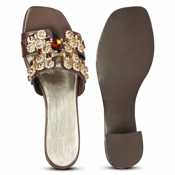 Saint Fiorenza brown leather low block heel sandals, top-down view