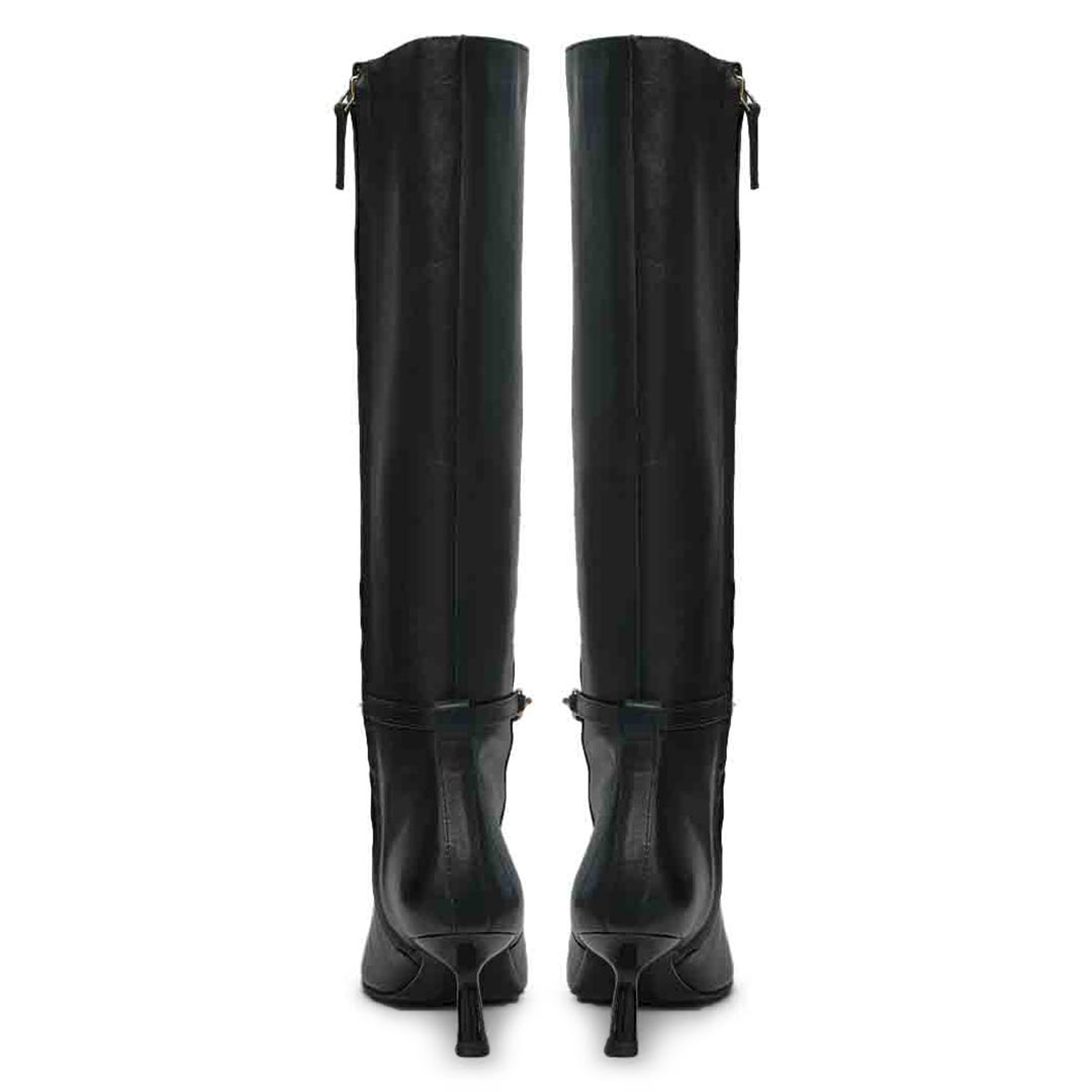 Saint Freya black knee high boots, back pair view showing kitten heel