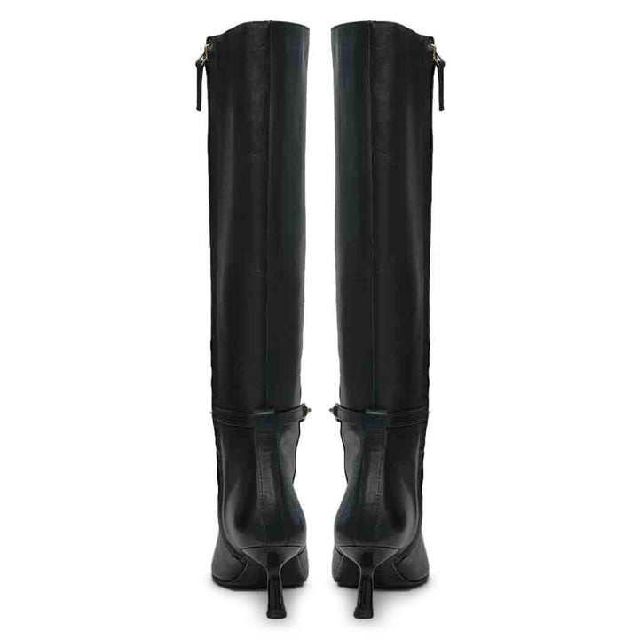 Saint Freya black knee high boots, back pair view showing kitten heel