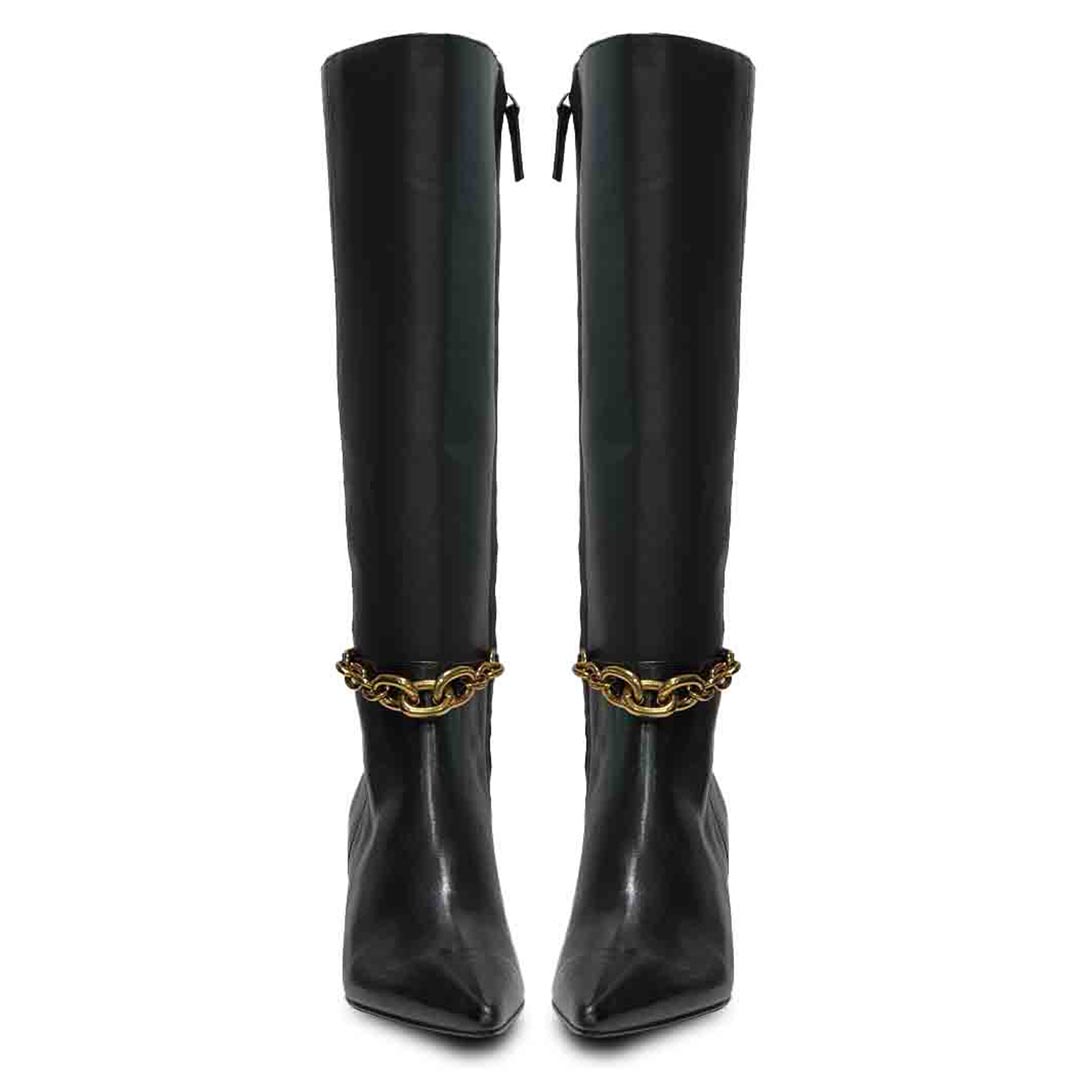Women's black leather knee high boots, front pair view of gold chain embellishment