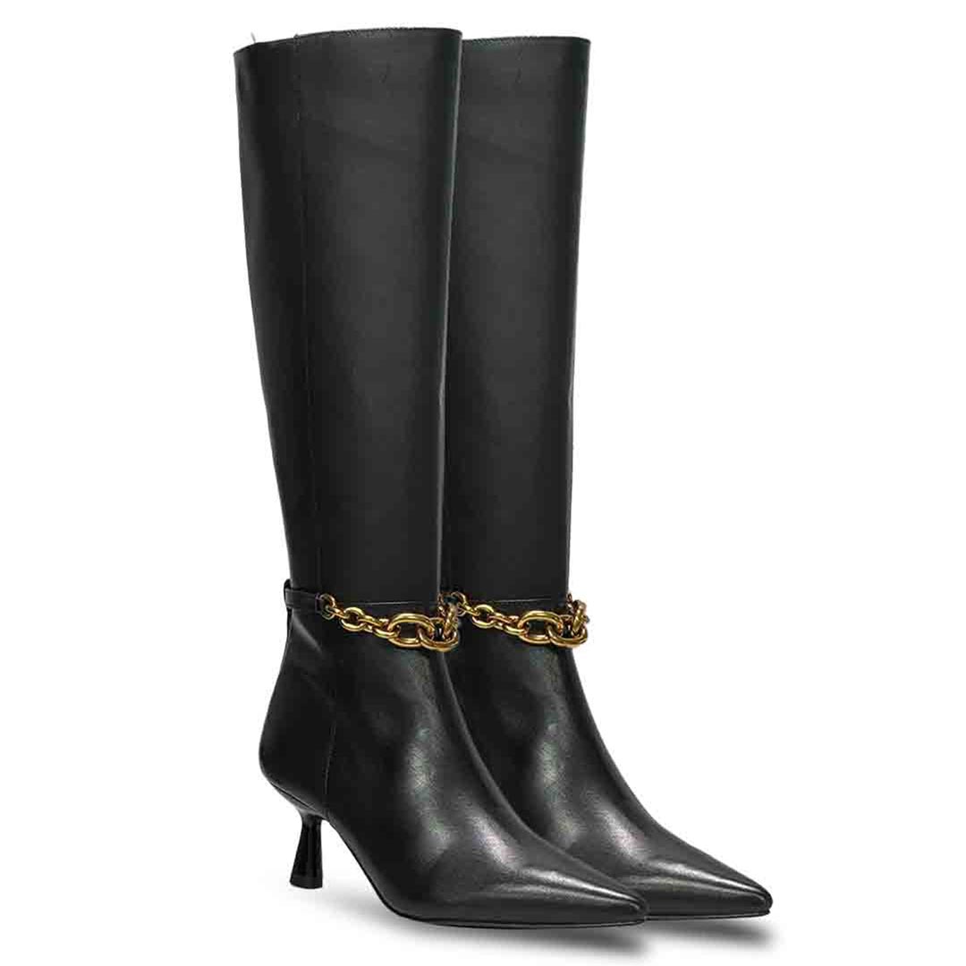 Black leather knee high boots for women UK, pair view showing gold chain detail