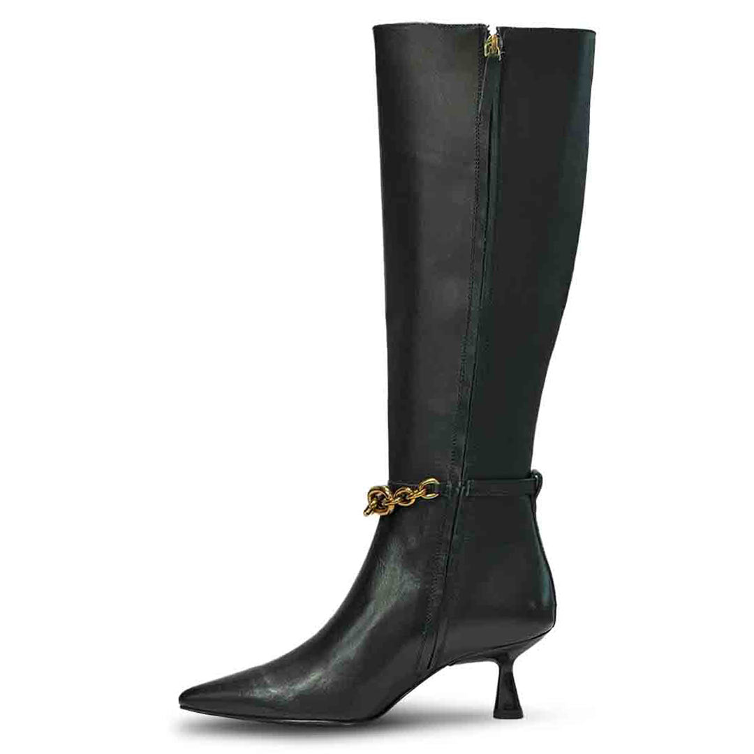 Saint Freya black knee high boots, side view showing zip closure and chain strap