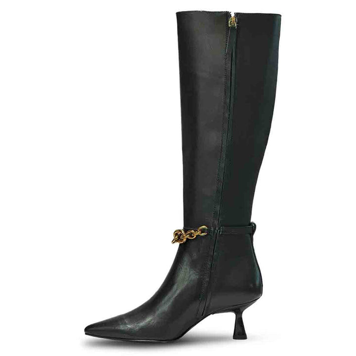 Saint Freya black knee high boots, side view showing zip closure and chain strap