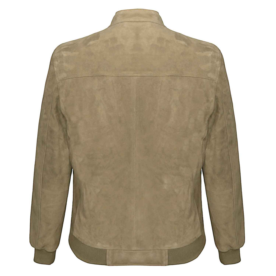 Back view of a man wearing a khaki/tan suede bomber-style jacket.