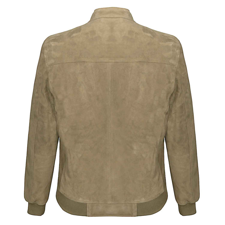 Back view of a man wearing a khaki/tan suede bomber-style jacket.