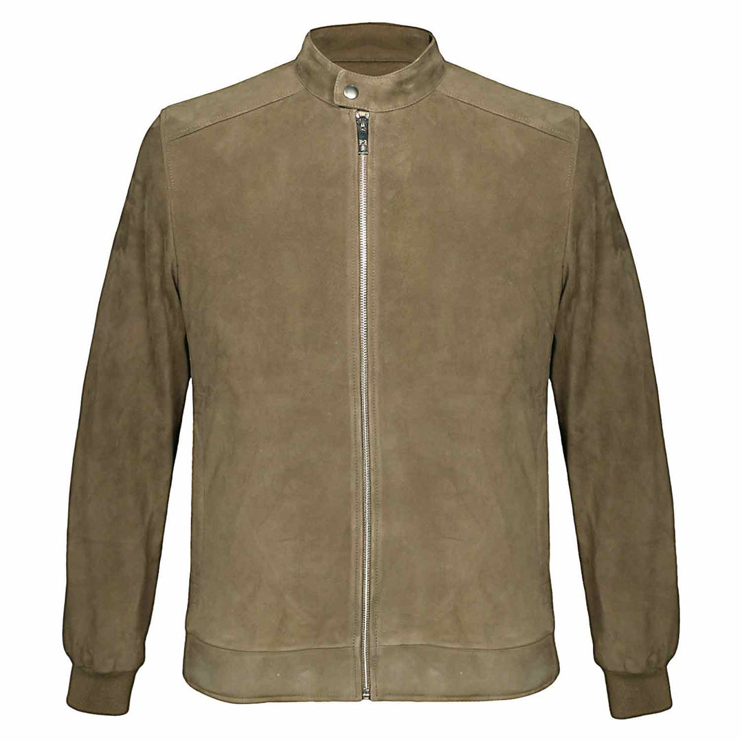 Man wearing an open khaki/tan suede bomber-style jacket.