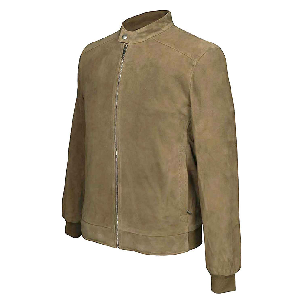 Man wearing a zipped-up khaki/tan suede bomber-style jacket.