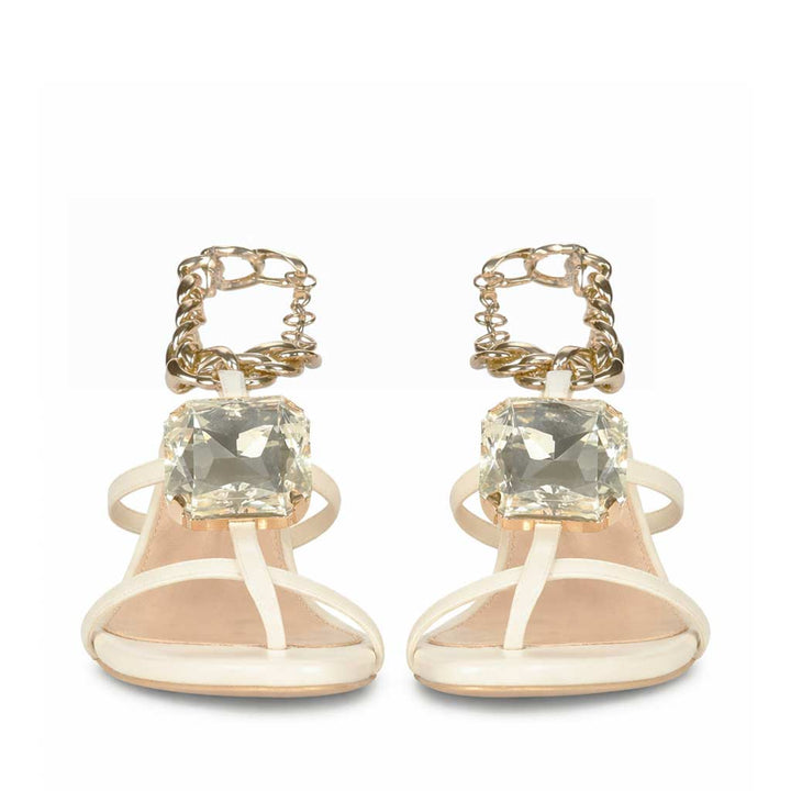 Low block heels for women off white leather chain – pair front profile