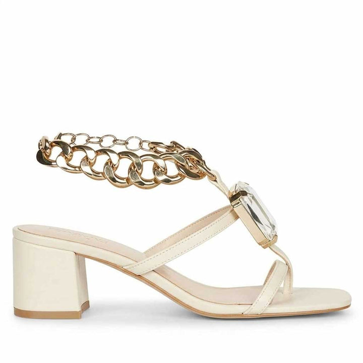 White low block heels for women with crystal chain detail – side view