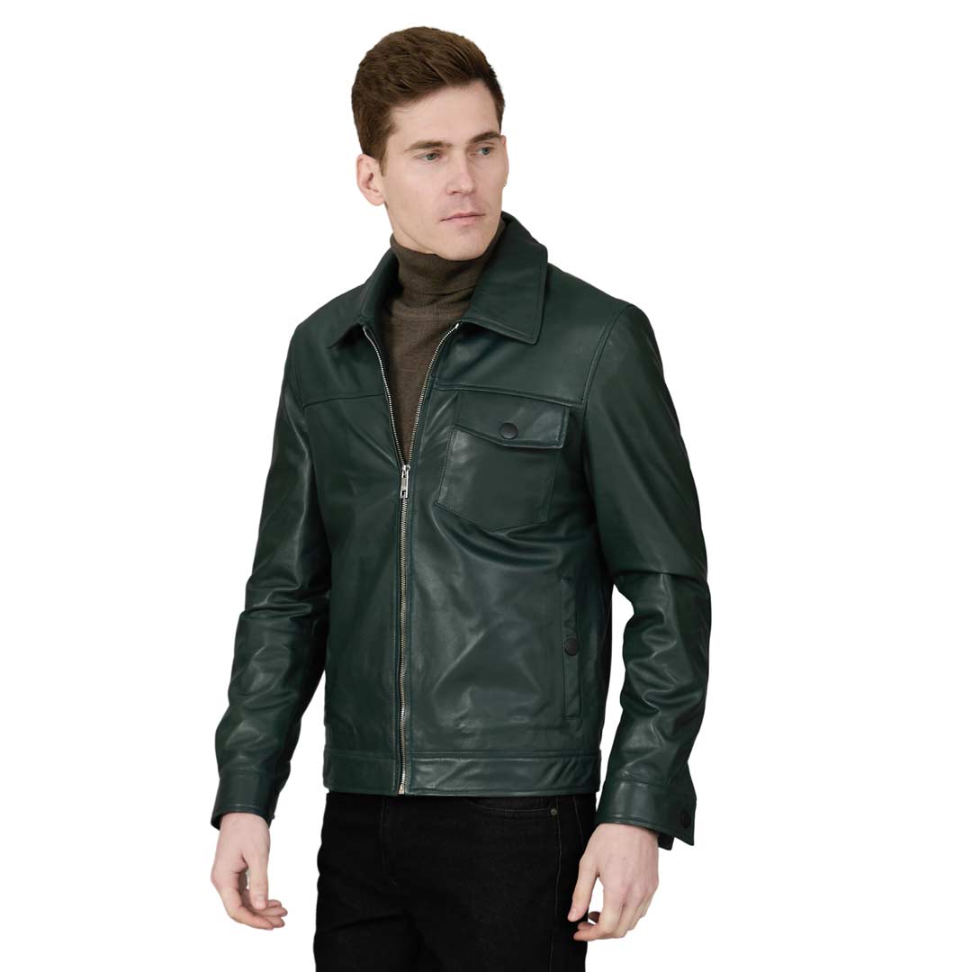 Angled view of a man wearing a dark green leather jacket.