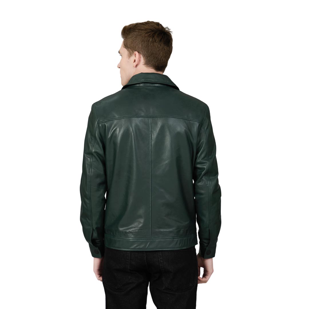 Back view of a man wearing a dark green leather jacket.