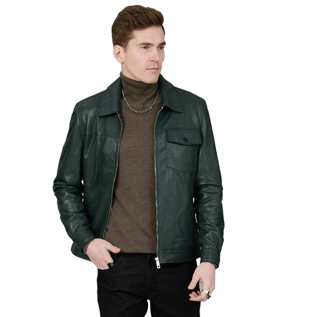 Man wearing an open dark green leather jacket with a collar.