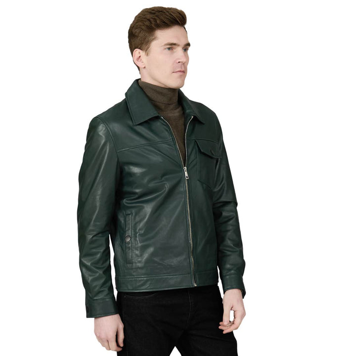 Side view of a man wearing a dark green leather jacket.