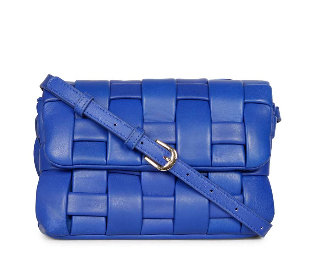 Saint Giada blue woven leather flap cross body bag for women UK, front view with buckle strap.