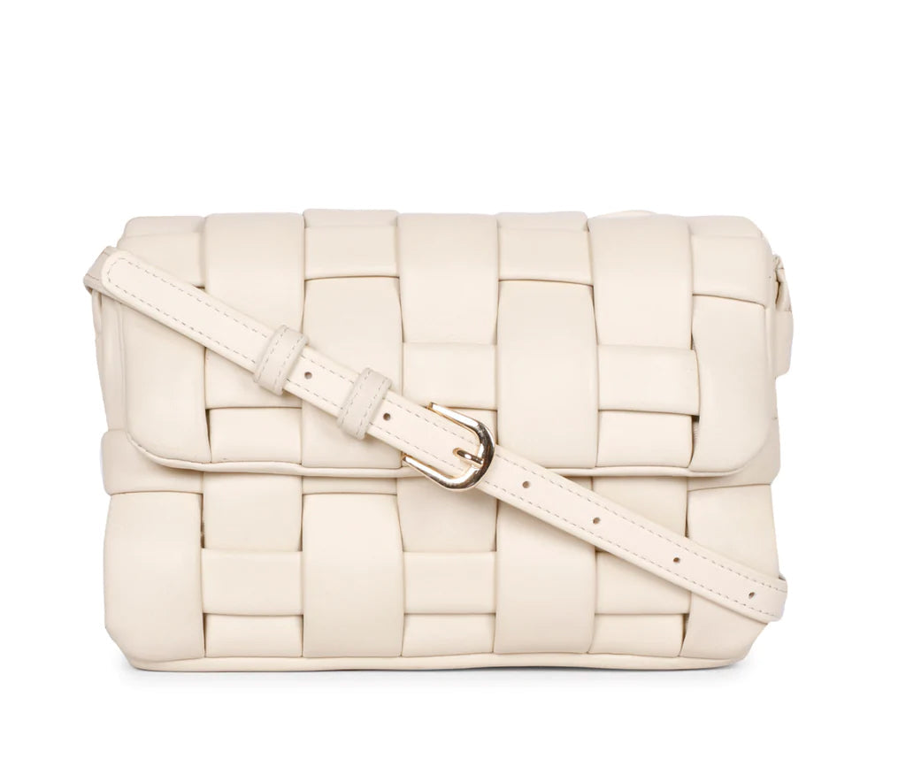 Saint Giada cream woven leather flap cross body bag for women UK, front view with buckle strap.