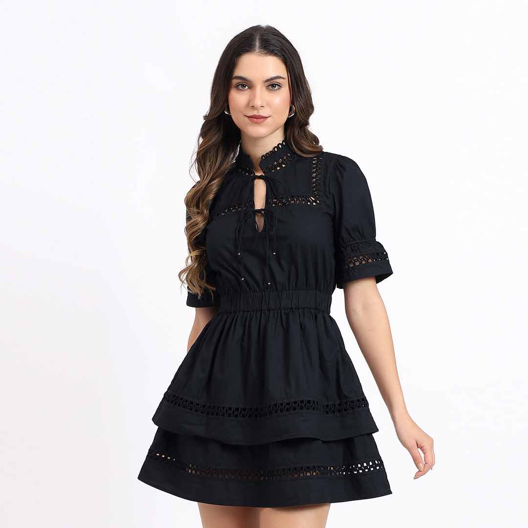 Saint Gianna black lace-trim tiered short dress for women UK, front view.