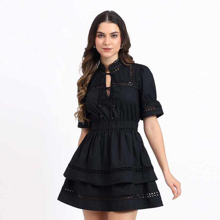 Saint Gianna black lace-trim tiered short dress for women UK, front view.