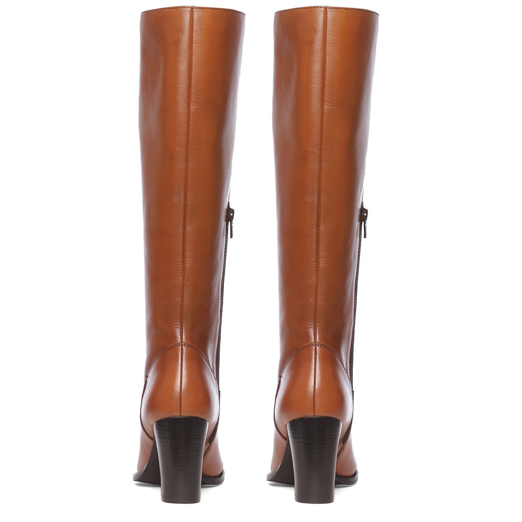 Saint Gillian tan leather knee high boots, back pair view showing stacked heel