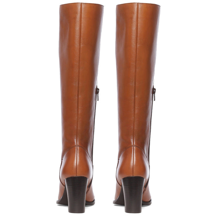 Saint Gillian tan leather knee high boots, back pair view showing stacked heel