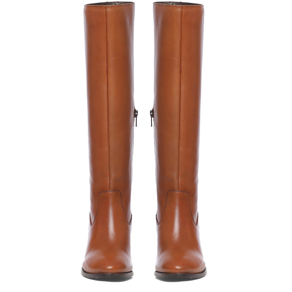 Women's tan leather knee high boots, front pair view