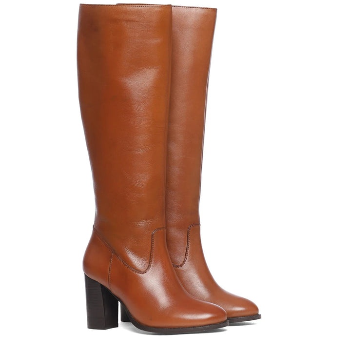 Tan leather knee high boots for women UK, pair view showing stacked heel