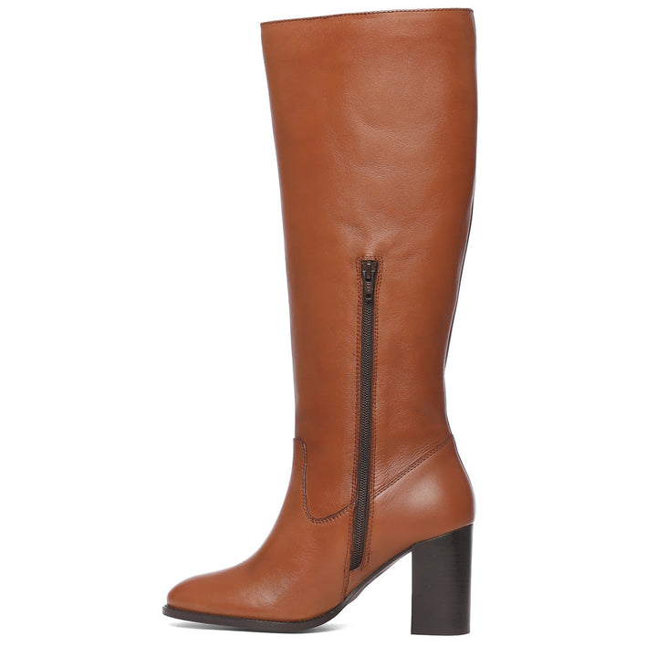 Saint Gillian tan knee high boots, alternate side view showing zip closure