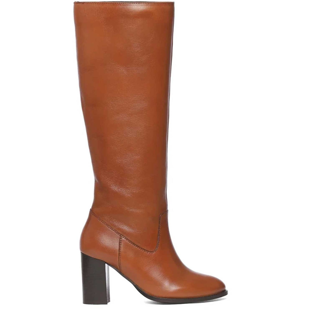 Saint Gillian tan leather knee high boots for women, side view of stacked heel