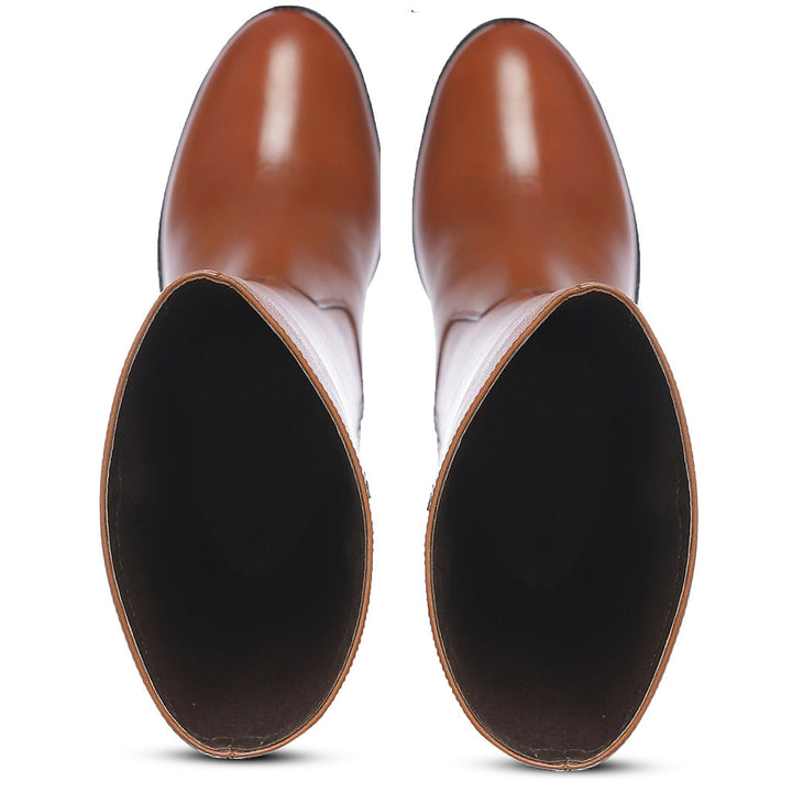 Saint Gillian tan leather knee high boots, alternate top-down sole view
