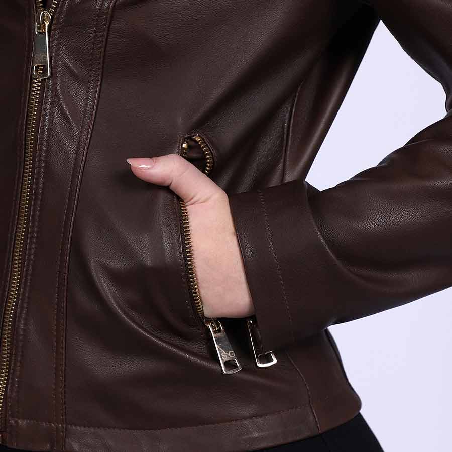 Close-up of zip pocket on Saint Ginevra brown leather jacket UK