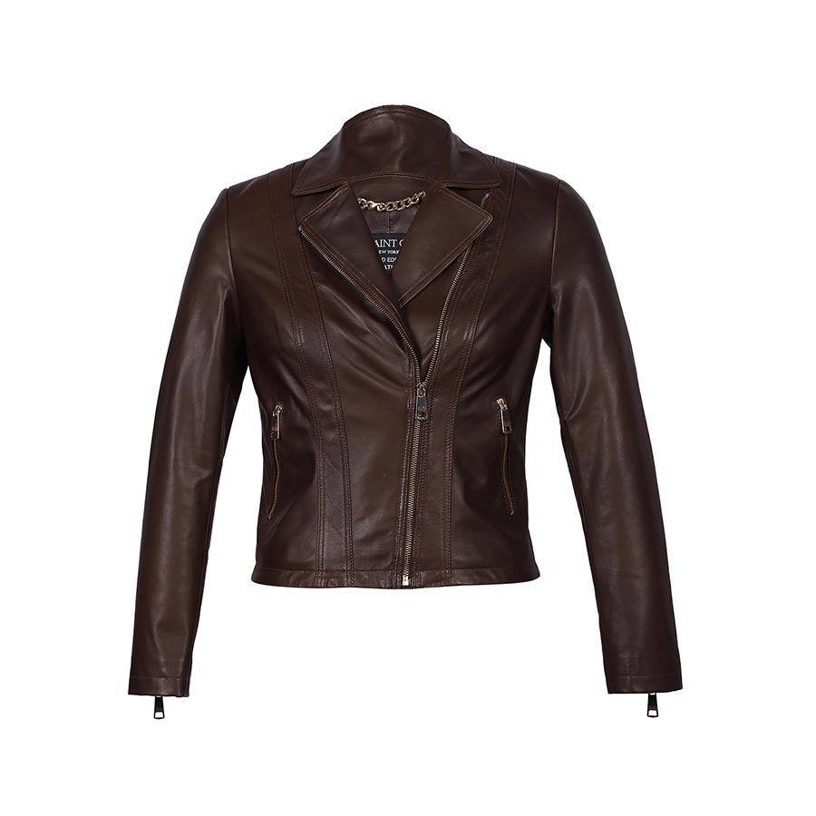 Saint Ginevra brown leather biker jacket UK, flat product shot