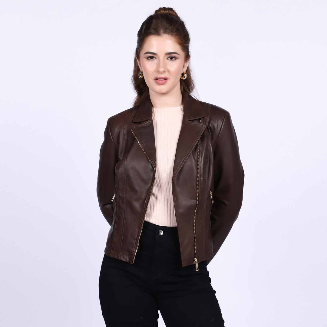 Saint Ginevra brown leather biker jacket for women UK, front view
